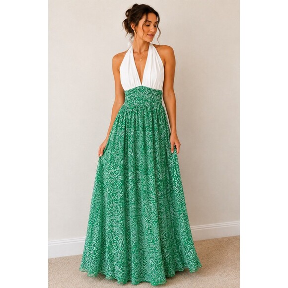 Unbranded Dresses & Skirts - Vtg 1970s Green White Floral Halter Maxi Dress ILGWU Union Made in USA